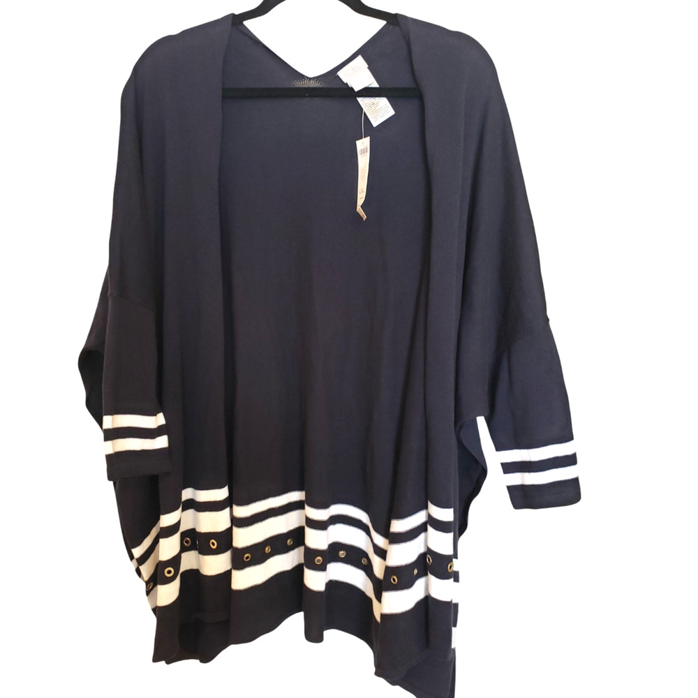 NWT Chico’s Navy Blue Striped Open Front Draped Knit Cape Cardigan Sweater L XL